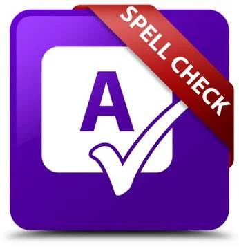 Spell check purple square button red ribbon in corner Ilustração Stock