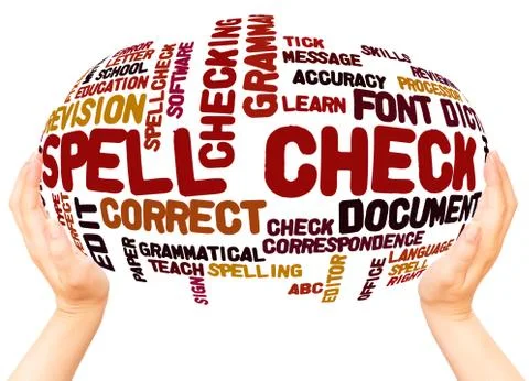 Spell Check word cloud hand sphere concept Stock Photos