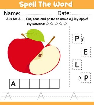 Spell the Word Apple Worksheet Name Date Reward Cut-Paste Letters Handwriti.. Stock Illustration