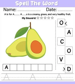 Spell the Word Avocado Worksheet Name Date My Reward Cut Paste Letters Hand.. Stock Illustration