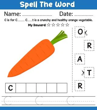 Spell the Word Carrot Worksheet Name Date My Reward Cut Paste Letters Handw.. Stock Illustration