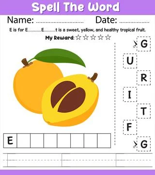 Spell the Word Eggfruit Worksheet Name Date My Reward Cut Paste Letters Han.. Stock Illustration