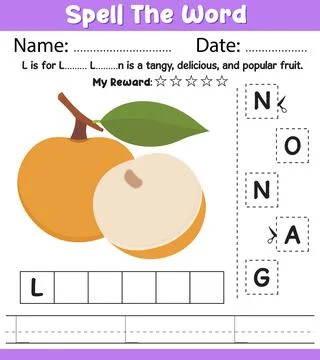 Spell the Word Longan Worksheet Name Date My Reward Cut Paste Letters Handw.. Stock Illustration
