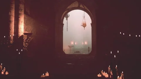 Spellbinding ambiance dimly lit gothic chapel flickering candles Stock Footage 248725934