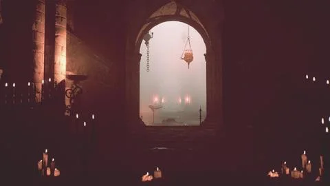 Spellbinding ambiance dimly lit gothic chapel flickering candles Stock Illustration
