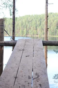 Spellbinding jumping path under lake with pine forest around. Stock Photos