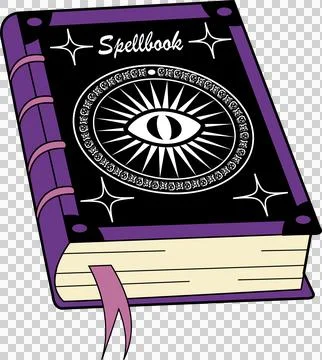 Spellbook is being shown in flat design, purple binding, eye emblem, ribbon, Stock Illustration