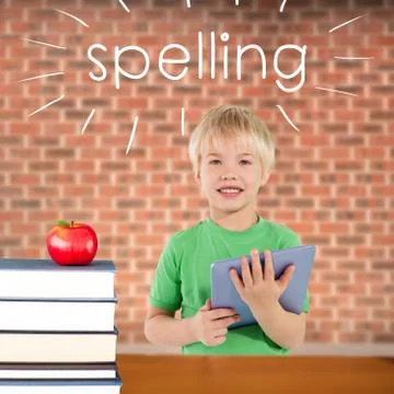 Spelling against red apple on pile of books 스톡 일러스트