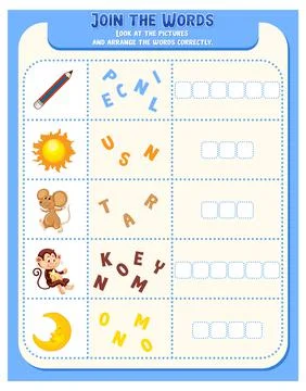 Spelling word game worksheet template Stock Illustration