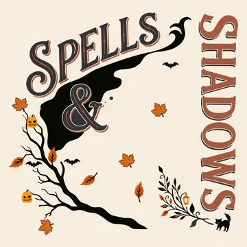 Spells and Shadows Halloween vector design with cute pumpkins Stock Illustration
