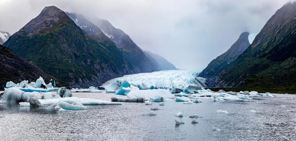 Spencer Glacier and icebergs of Alaska in fall tourist destination Stock Photos