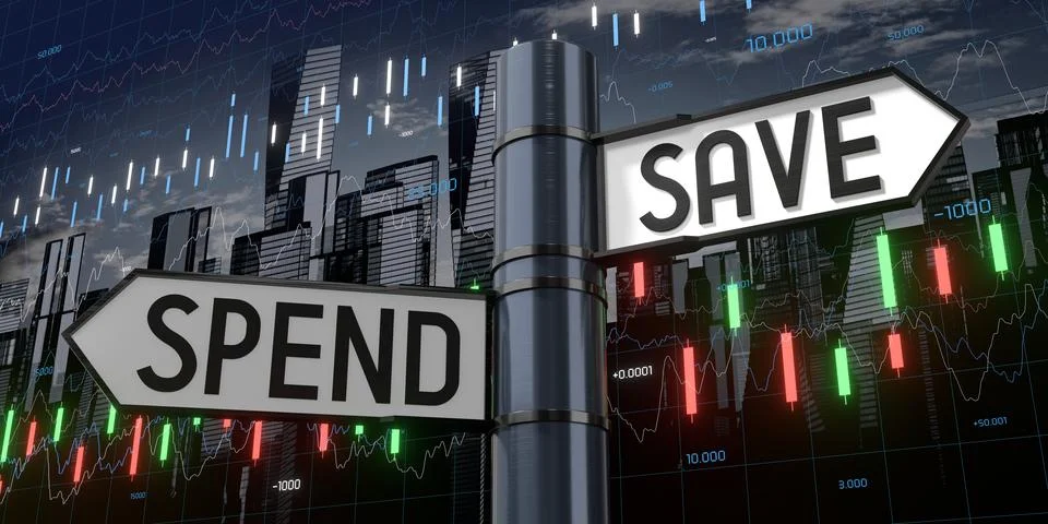 Spend or save - signpost with two arrows and financial data Stock Illustration