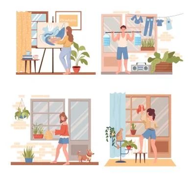 Spend time at home vector flat concept. People painting, doing sport exercises Stock Illustration