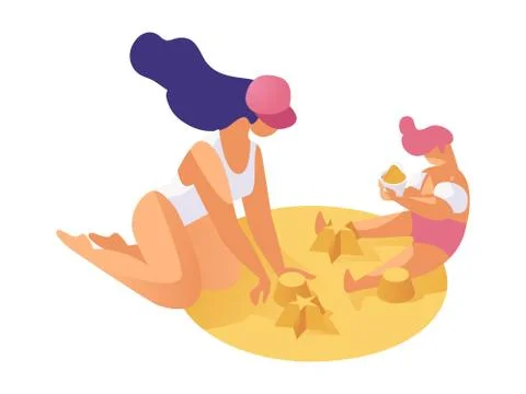 Spending time with children flat concept. Mother playing with her son in sand Stock Illustration