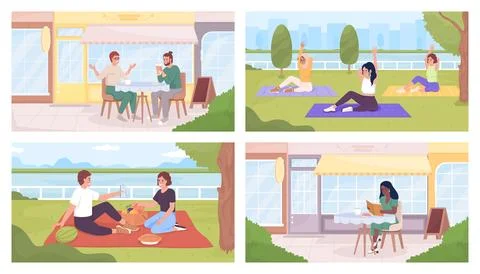 Spending time in fresh air flat color vector illustration set Ilustração Stock