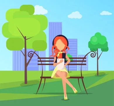 Spending Time in Park Vector Banner Woman on Bench Ilustração Stock