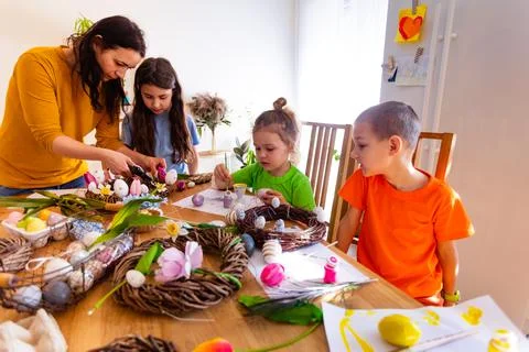 Spending time preparing for Easter together with kids Stock Photos