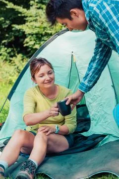 Spending a vacation on camping Stock Photos