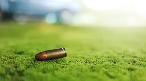 Spent bullet casing lying on the green ground with blur background. Concept.. Stock Photos