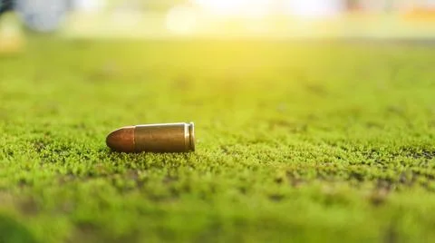 Spent bullet casing lying on the green ground with blur background. Concept.. Stock Photos