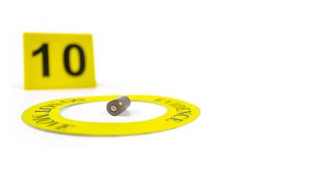 A spent bullet casing placed within a yellow circle, labeled with the text .. Stock Photos