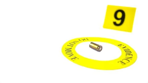 A spent bullet casing placed within a yellow circle, labeled with the text .. Stock Photos