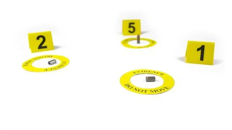 A spent bullet casing placed within a yellow circle, labeled with the text .. Stock Photos