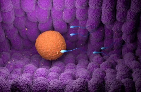Sperm cells chasing human Ovum (egg) Stock Illustration