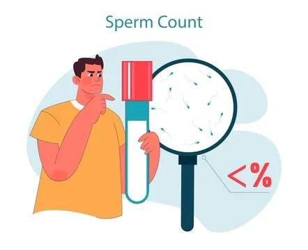 Sperm count. Concerned man evaluates his sperm count, looking at magnified Stock Illustration