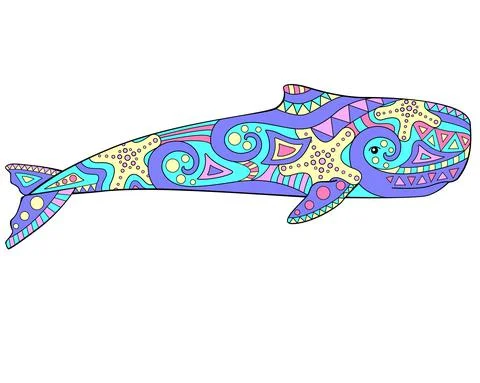 Sperm whale - vector linear full color illustration - with marine mammal. Stock Illustration