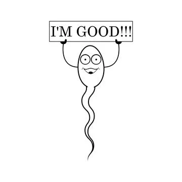 Spermatozoon character with face is holding a sign that says "I'm good." Stock Illustration