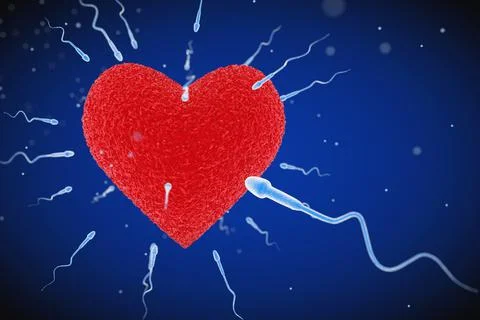 Spermatozoon going to the Ovule in Shape of Red Heart. 3d Rendering Stock Illustration