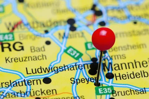 Speyer pinned on a map of Germany Stock Photos