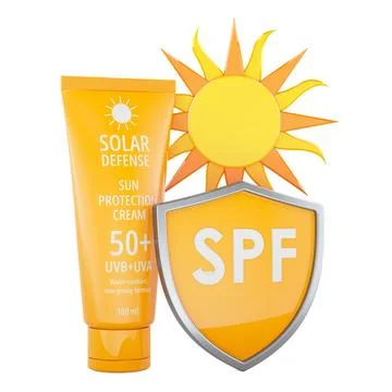 SPF sun protection cream with shield and sun. 3D rendering Ilustración de archivo