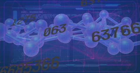 Sphere-and-rod molecular model rotating over grid in data space, with numeric Stock Illustration