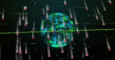 Sphere appearing at start, rotating and releasing cascading binary streams for Stock Footage 311225230