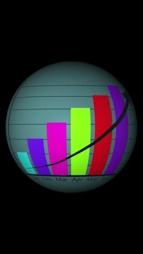 Sphere with bar chart and upward arrow on black. Sphere with bar chart grap.. Stock Footage 345962383