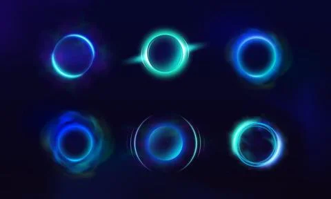 Sphere with blue neon halo effect, glowing rings with luminous smoke aura and Stock Illustration