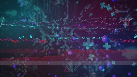 Sphere cluster reacting to pulse, shifting while particles growing and graphs Stock Footage 334858413