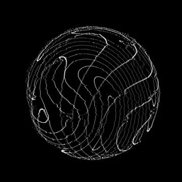 Sphere with curved lines of particles on a black background. Twisting glowing Stock Illustration