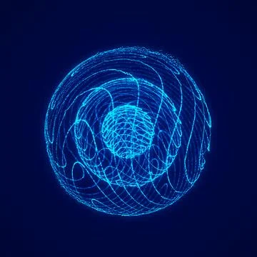 Sphere with curved lines of particles on a blue background. Twisting glowin.. Illustrazione stock