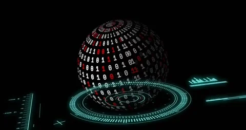 Sphere descending and rotating over tech HUD causing scanning rings and aligning Stock Footage 333833281
