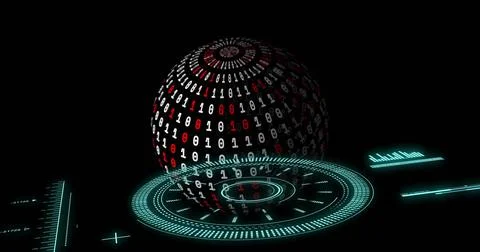Sphere descending and rotating over tech HUD causing scanning rings and aligning Stock Illustration