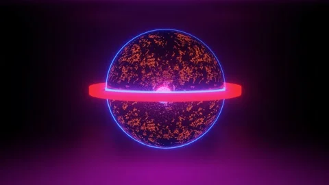 A sphere with a glowing texture and glowing rings slowly rotate on a black backg Video stock 153814667