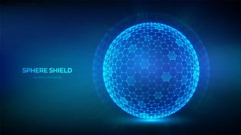 Sphere with hexagon pattern on blue background. Abstract cyberspace technolog Illustrazione stock