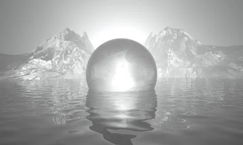 Sphere Ice Cube Island 3D rendered Landscape  Water Illustration Illustrazione stock