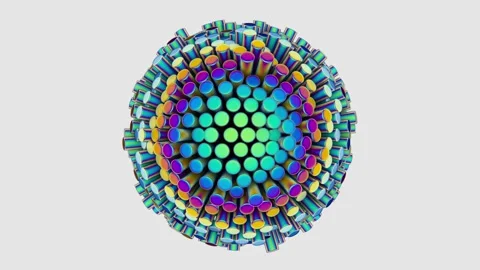 A sphere made up of movable holographic cylinders rotates clockwise on a white Stock Footage 166102832