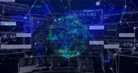 Sphere materializing over grid sending sliding data bars stacking around pulsing Stock Footage 320069199