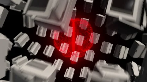 Sphere of Multiple Computers Around Glowing Red Artificial Intelligence AI Video stock 243548363