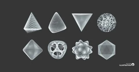 Sphere, octahedron and pyramid. Objects with lines and dots. Molecular grid. Stock Illustration